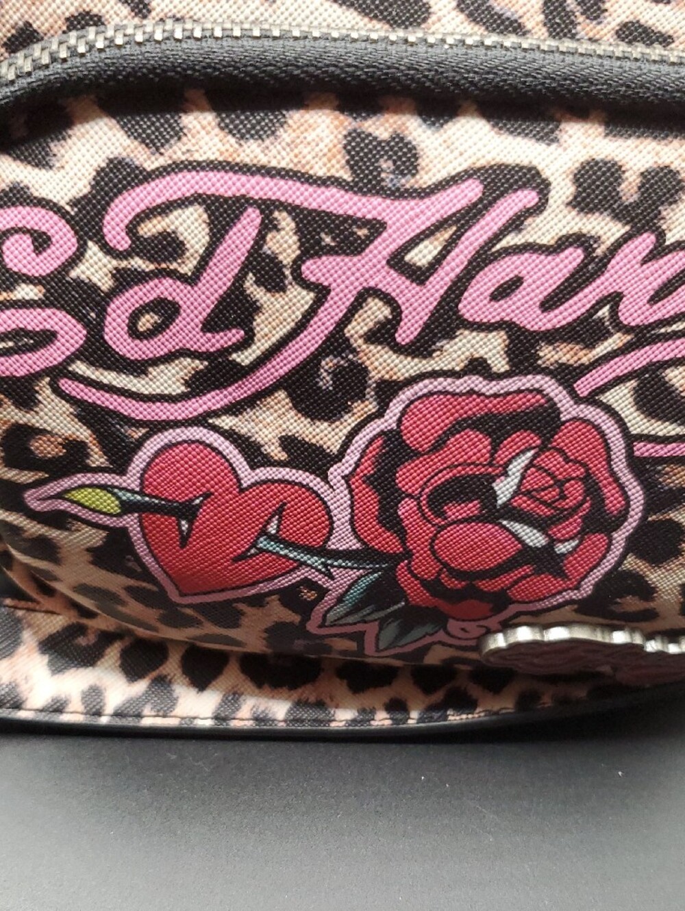 Ed Hardy Leopard Crossbody Bag with Pink Script and Rose - Picture 2 of 12